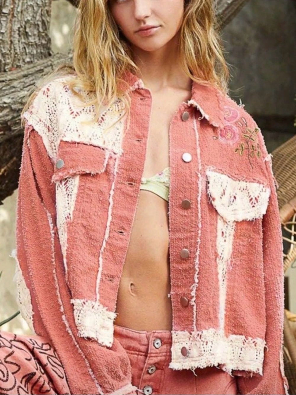 POL Embroidered Lace Patchwork Button Up Jacket🌷 NWOT